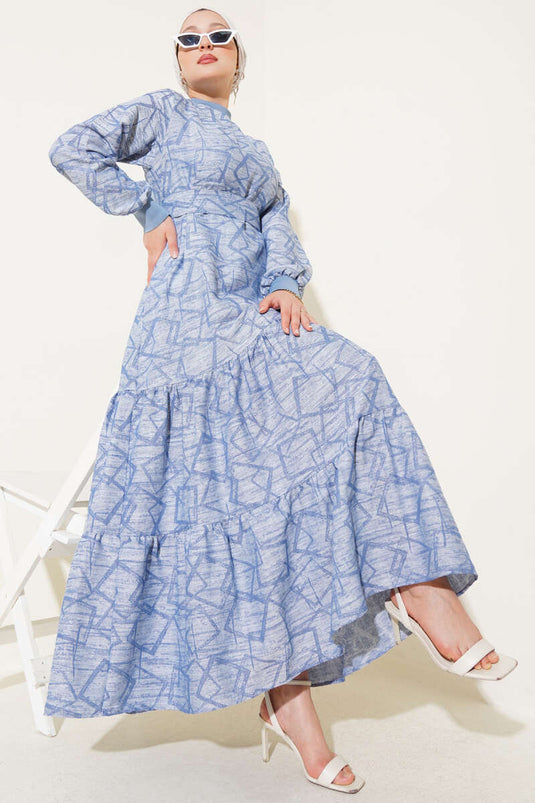 Kol ve Yaka Ribanalı Desenli Elbise Indıgo