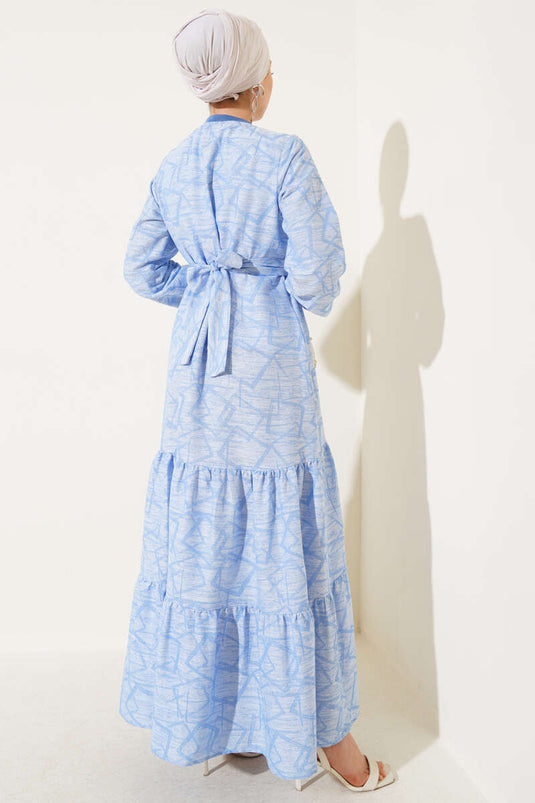 Sleeve and Collar Ribbed Patterned Dress Blue