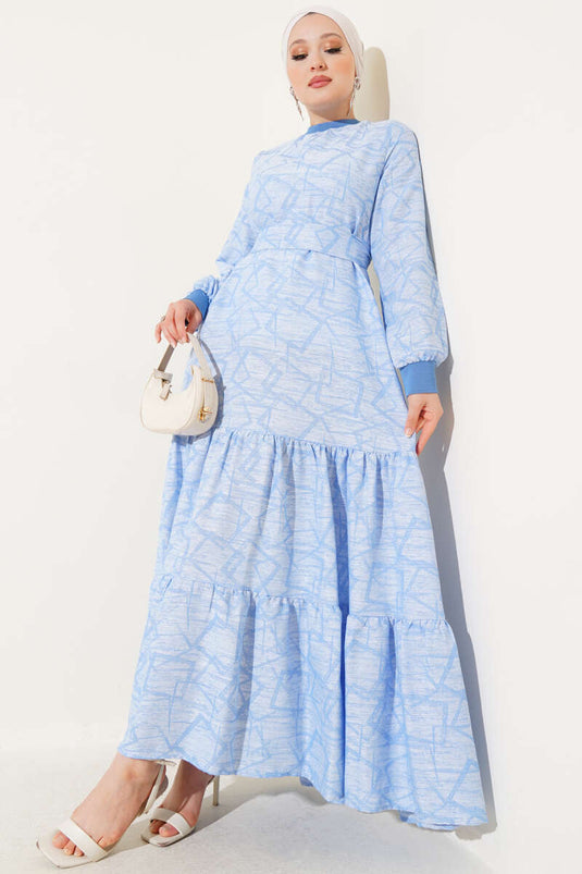 Sleeve and Collar Ribbed Patterned Dress Blue