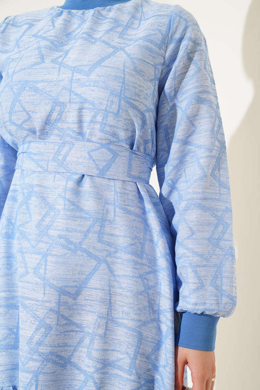 Sleeve and Collar Ribbed Patterned Dress Blue