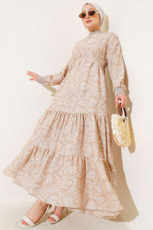 Sleeve and Collar Ribbed Patterned Dress Beige