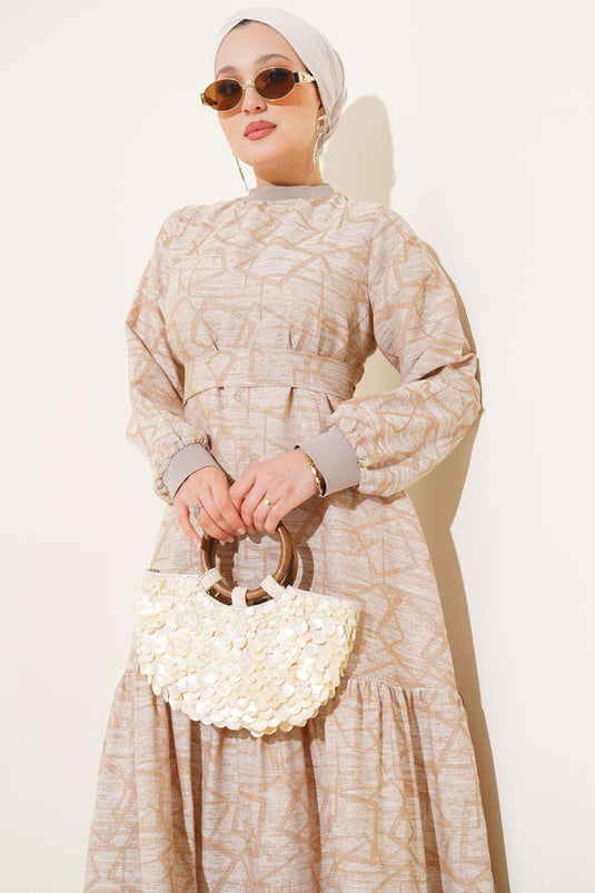 Sleeve and Collar Ribbed Patterned Dress Beige