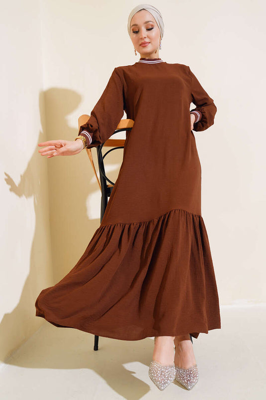 Kol Ve Yakası Ribanalı Elbise Kahve