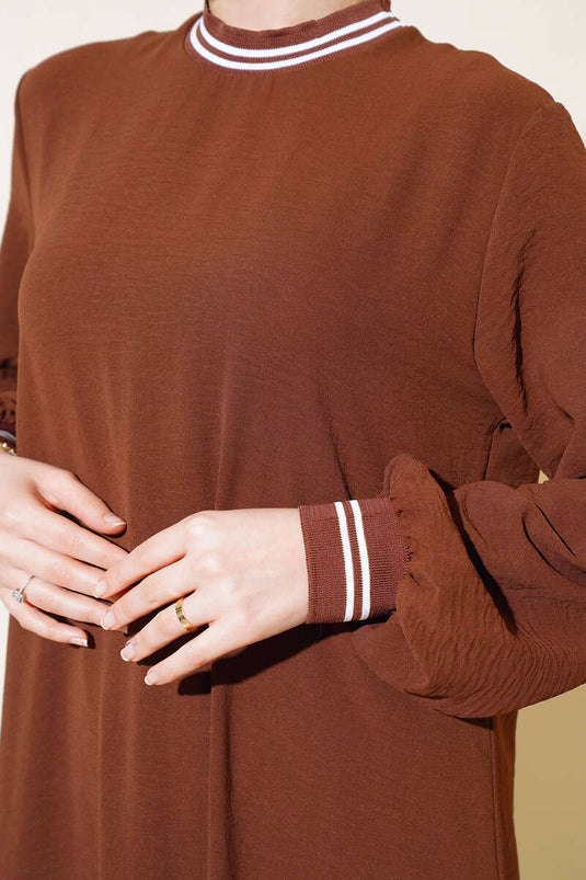 Kol Ve Yakası Ribanalı Elbise Kahve