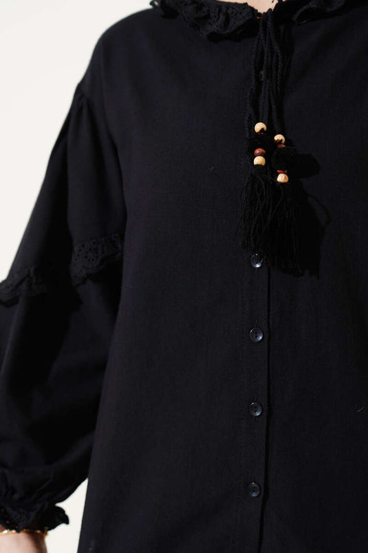 Collar Lace Fringed Shirt Black