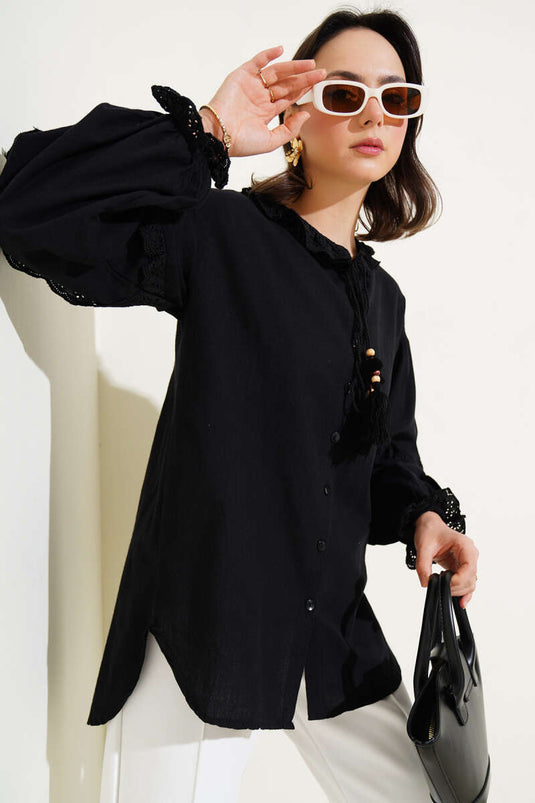 Collar Lace Fringed Shirt Black