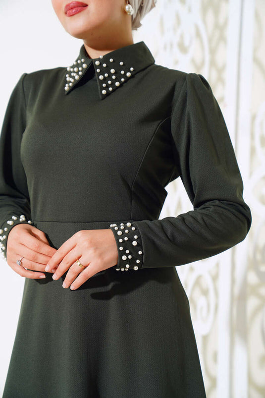 Kol Yaka İncili Elbise Haki