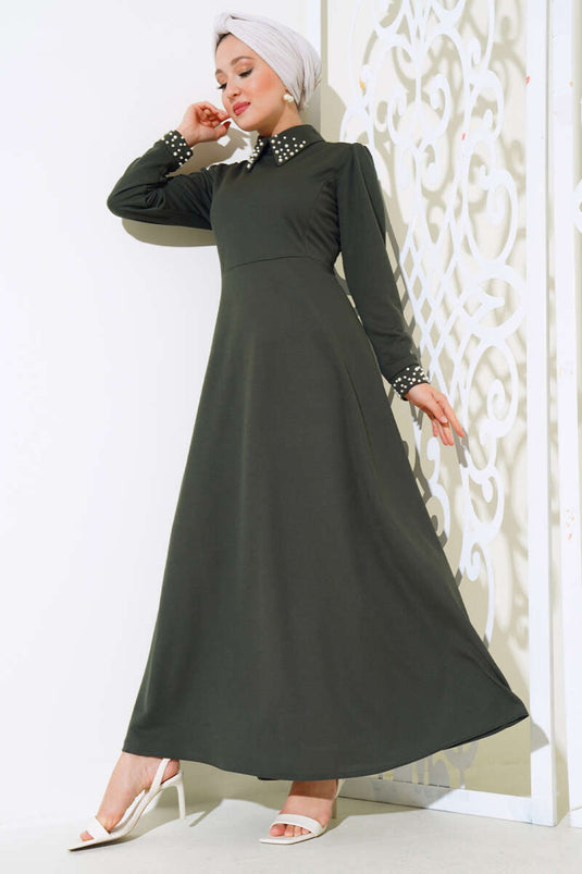 Collar Pearl Dress Khaki