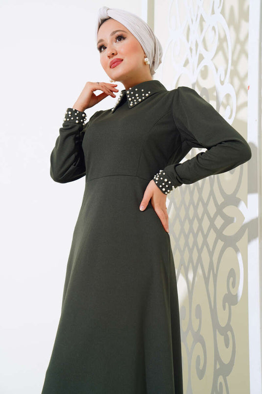 Collar Pearl Dress Khaki