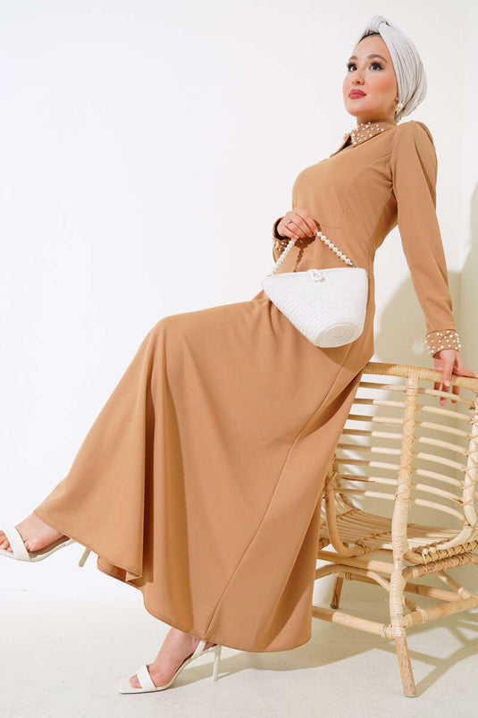 Collar Pearl Dress Tan