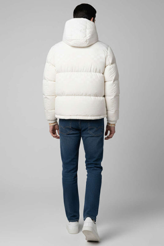 Kol Yazılı Kapüşonlu Şişme Erkek Mont Beyaz