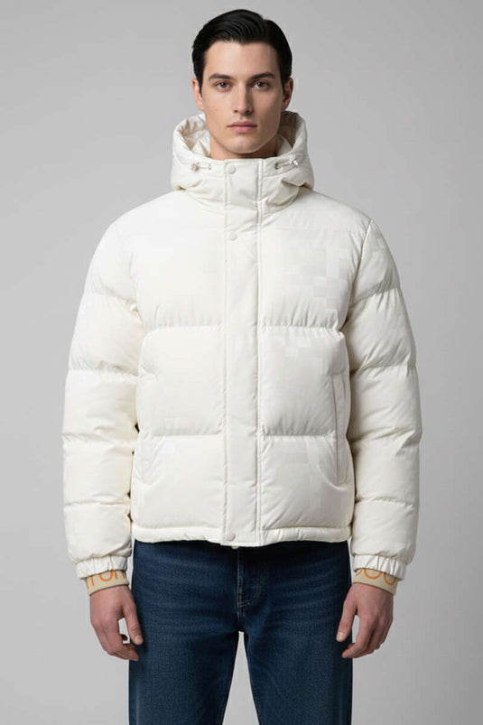 Kol Yazılı Kapüşonlu Şişme Erkek Mont Beyaz