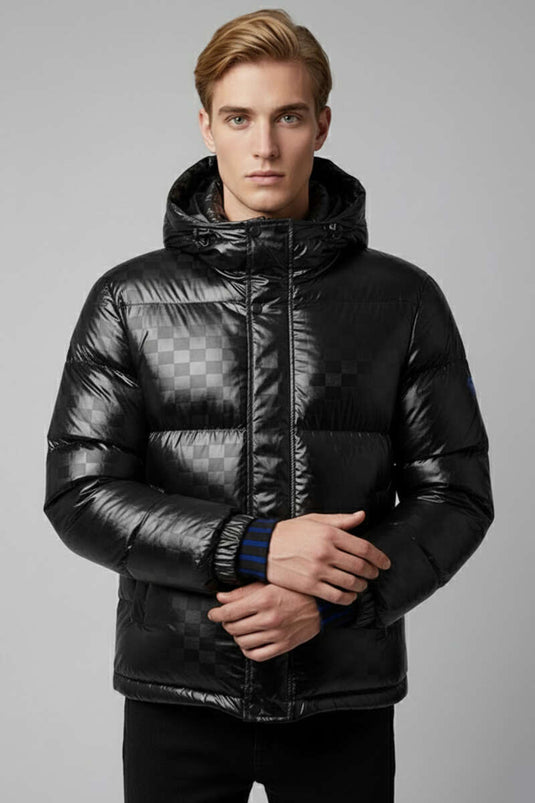 Schwarze Herren-Steppjacke mit Kapuze und Ärmelprint