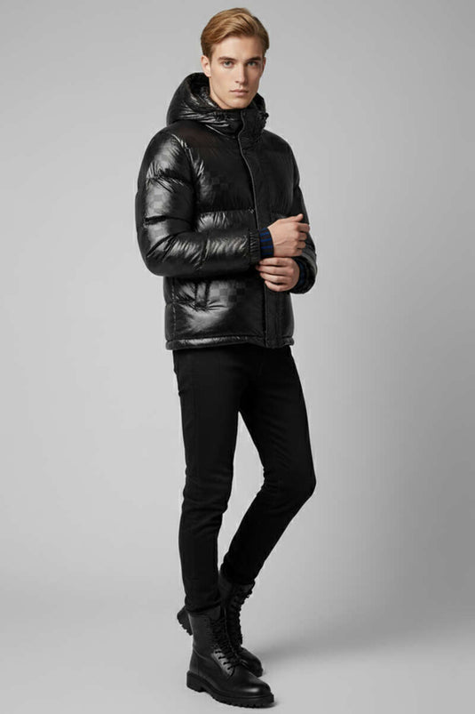 Schwarze Herren-Steppjacke mit Kapuze und Ärmelprint