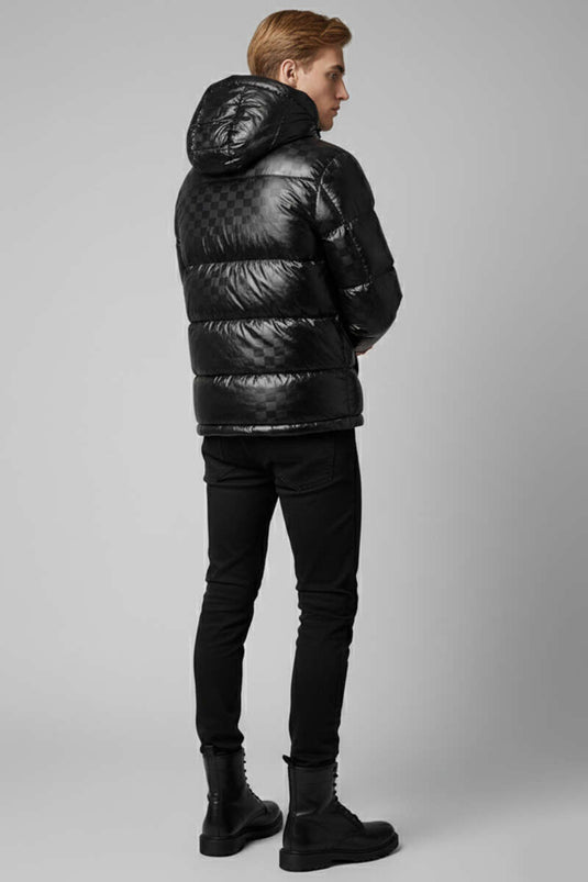 Schwarze Herren-Steppjacke mit Kapuze und Ärmelprint