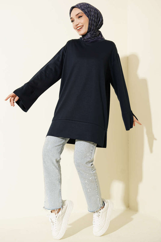 Navy Blue Tunic with Sleeve Slit Loyşa