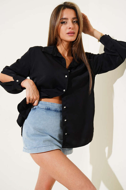 Sleeve Slit Chiffon Shirt Black