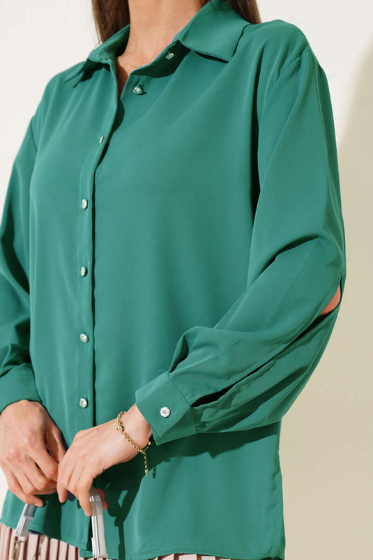 Kol Yırtmaçlı Şifon Gömlek Yeşil