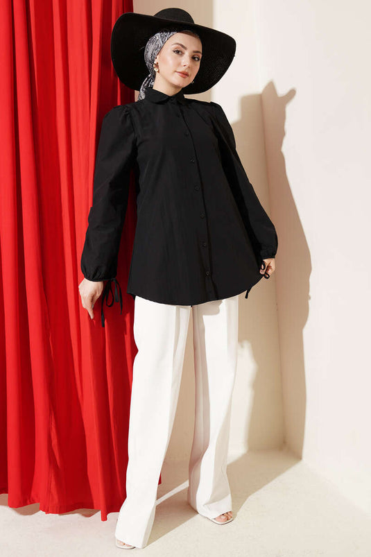 Shirt with Tie-Detail Sleeves Black