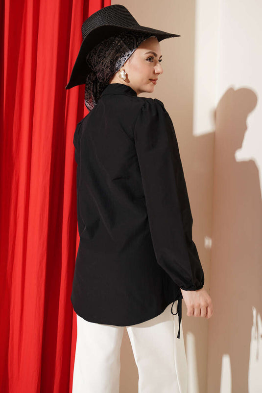 Shirt with Tie-Detail Sleeves Black