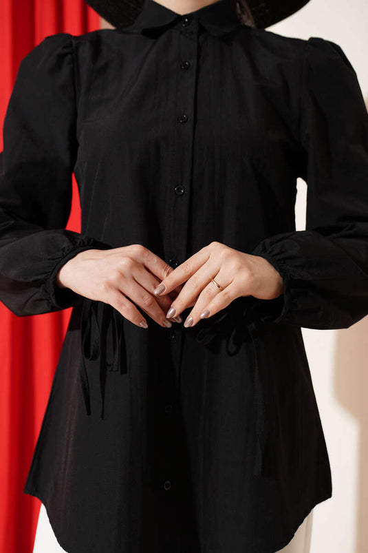 Shirt with Tie-Detail Sleeves Black