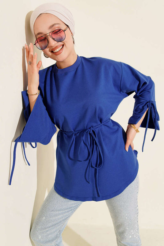 Kolları Bağcıklı İki İpli Tunik Saks