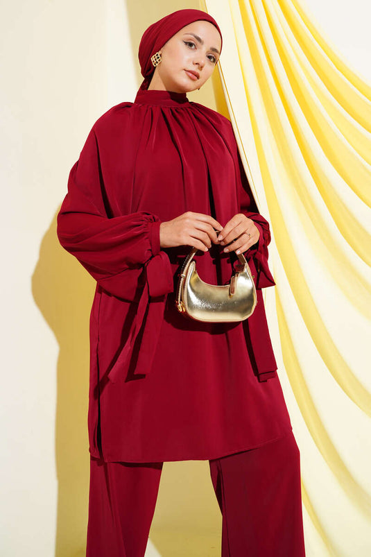 Two Piece Suit with Tied Sleeves, Claret Red