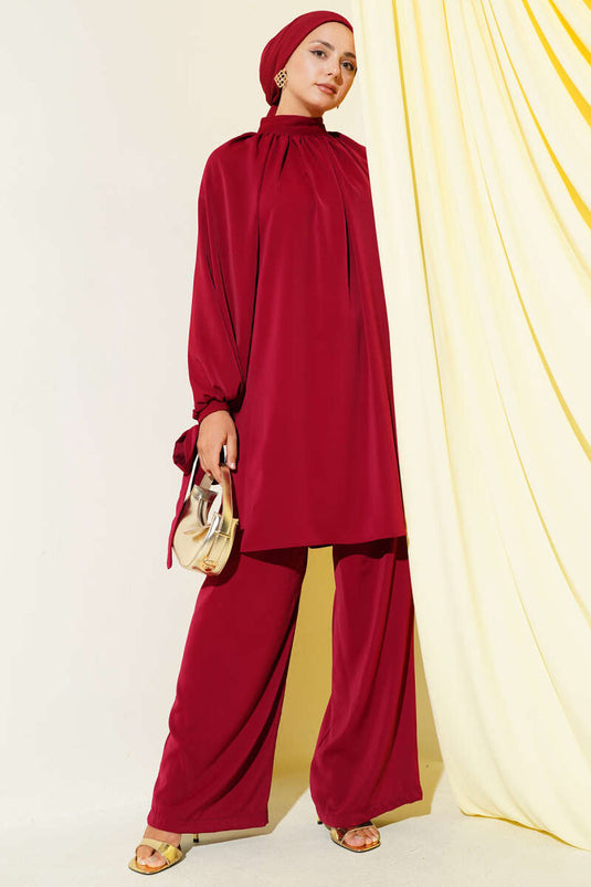 Two Piece Suit with Tied Sleeves, Claret Red