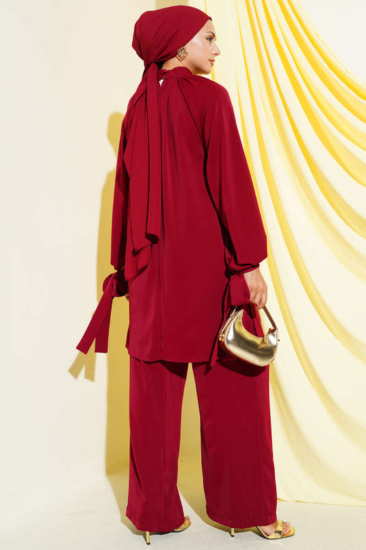 Two Piece Suit with Tied Sleeves, Claret Red