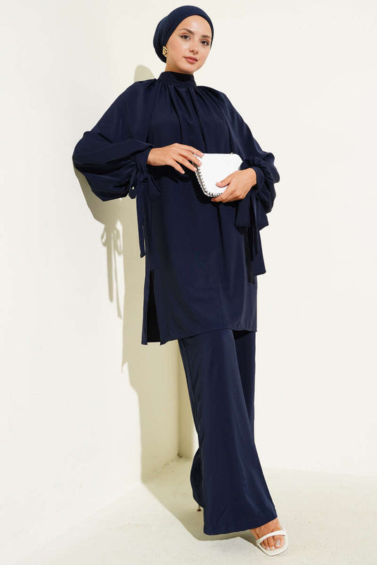 Abito due pezzi con maniche annodate - Blu navy