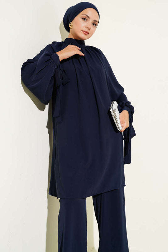 Abito due pezzi con maniche annodate - Blu navy