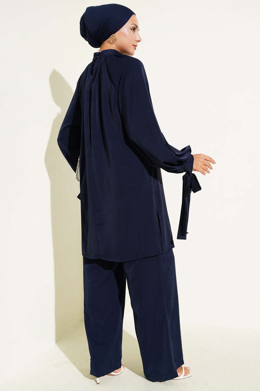 Abito due pezzi con maniche annodate - Blu navy