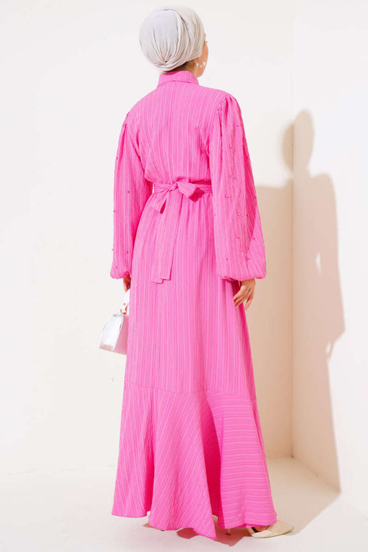 Kolları Boncuk Detaylı Kuşaklı Elbise Fuşya