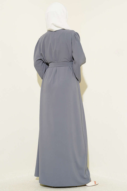Kolları Çiçek Nakışlı Abaya Gri