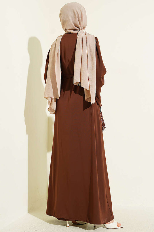 Kolları Çiçek Nakışlı Abaya Kahve
