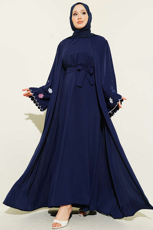 Kolları Çiçek Nakışlı Abaya Lacivert