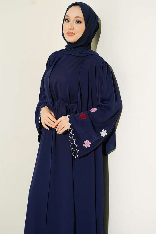 Kolları Çiçek Nakışlı Abaya Lacivert
