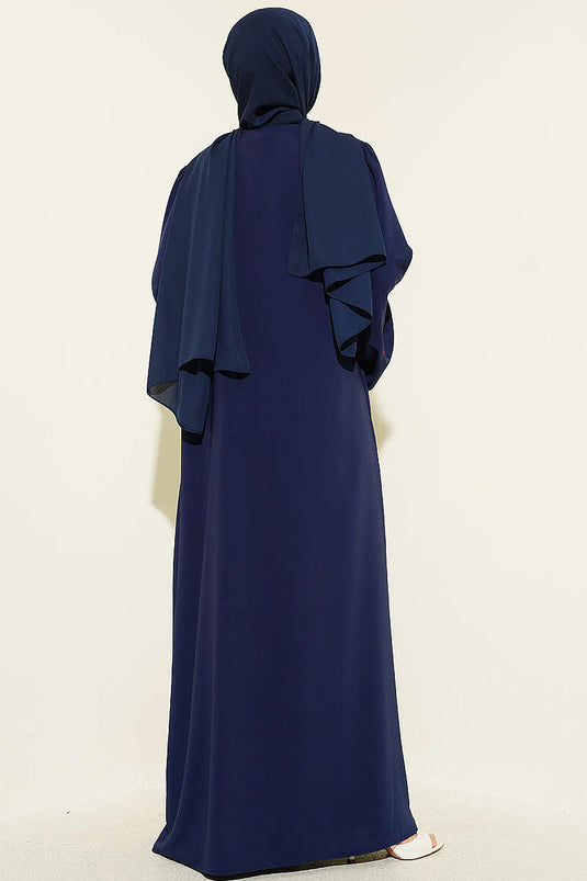Kolları Çiçek Nakışlı Abaya Lacivert