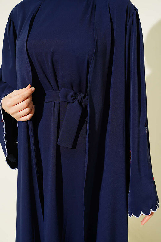 Kolları Çiçek Nakışlı Abaya Lacivert