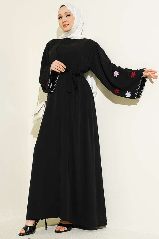 Kolları Çiçek Nakışlı Abaya Siyah