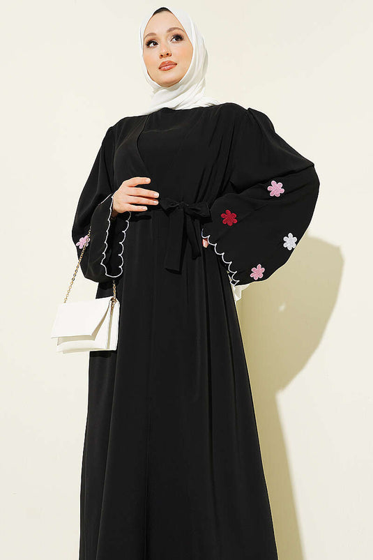 Kolları Çiçek Nakışlı Abaya Siyah