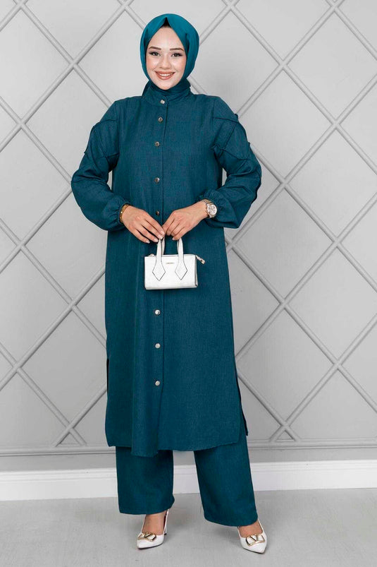 Costume croisé à manches vert pétrole