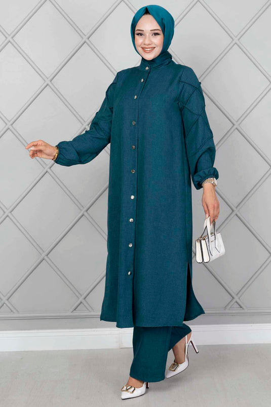 Costume croisé à manches vert pétrole