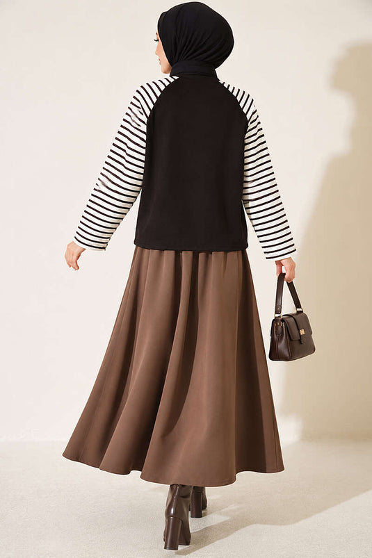 Kolları Çizgili Basic Sweatshirt Kahve