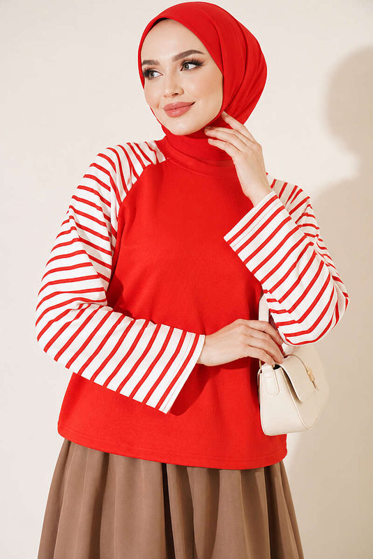 Rotes Gestreiftes Basic Sweatshirt Mit Langarm