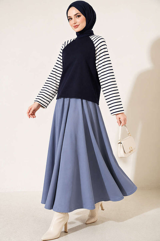 Kolları Çizgili Basic Sweatshirt Lacivert
