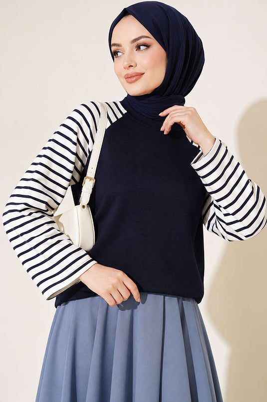 Kolları Çizgili Basic Sweatshirt Lacivert