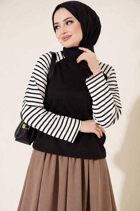 Gestreiftes Basic-Sweatshirt Mit Schwarzen Ärmeln