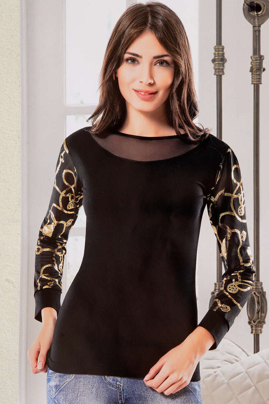 Lange mouwen dames body met patroonmouwen zwart