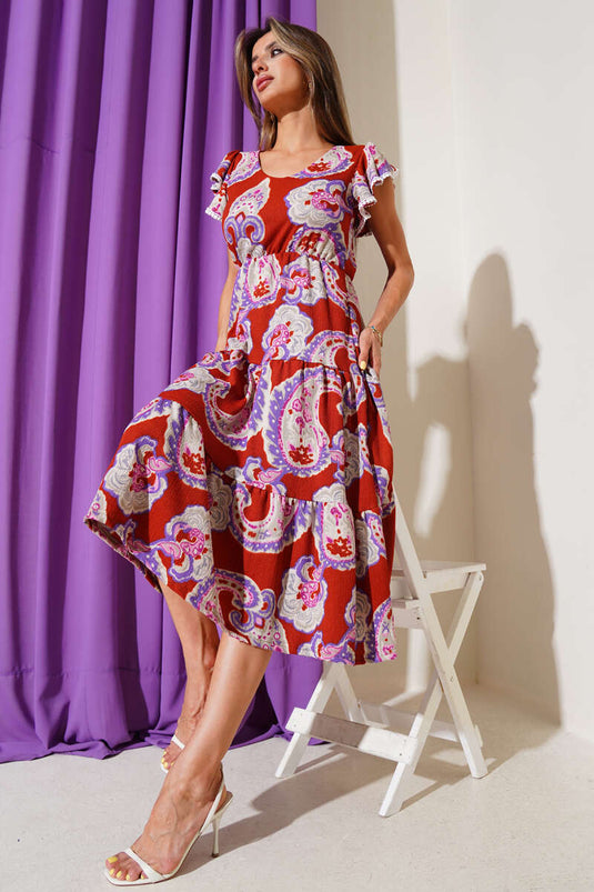 Gemustertes Kleid mit Rüschenärmeln, Terrakotta